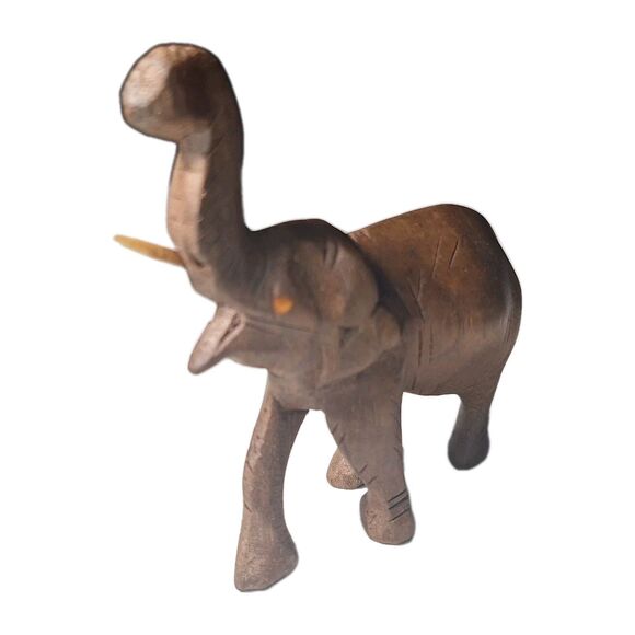 Hand Carved Wooden Elephant 4" Figurine Sculpture Trunk Up Good Luck Tusks - Picture 1 of 6